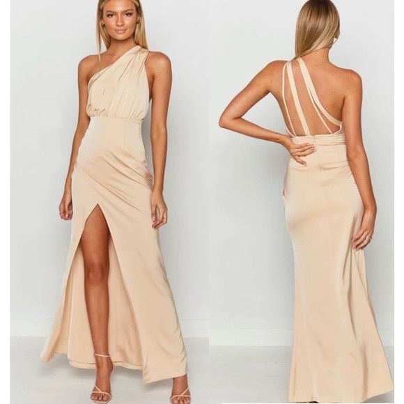beginning boutique Dresses & Skirts - NWT Beginning Boutique Gold Romance Satin Once Shoulder Formal Dress